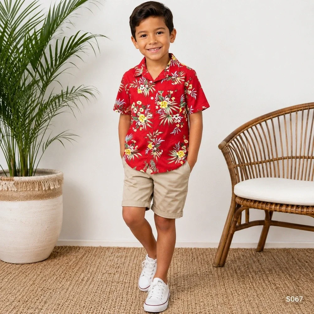 Old Navy Boys Red Floral Hawaiian Shirt Short Sleeve Tropical Button Down